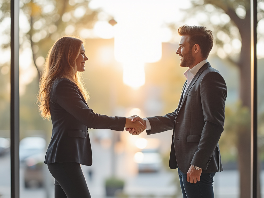 man and woman in suits shaking hands